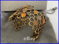 NIB Alexander McQueen Honeycomb Bee Hive Skull Crystal Gold Tone Cuff Bracelet