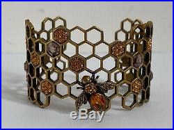 NIB Alexander McQueen Honeycomb Bee Hive Skull Crystal Gold Tone Cuff Bracelet