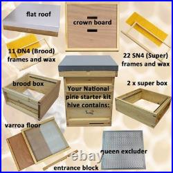 National Pine Beehive Starter Kit Flat Roof Brood & Super Boxes Frames Wax Hive