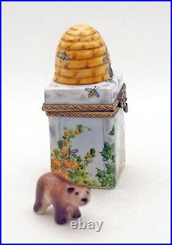 New French Limoges Trinket Box Beehive w Colorful Flowers & Removable Cute Bear