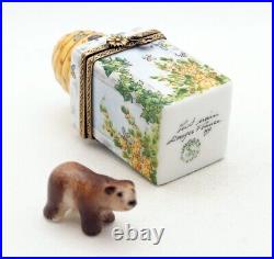 New French Limoges Trinket Box Beehive w Colorful Flowers & Removable Cute Bear