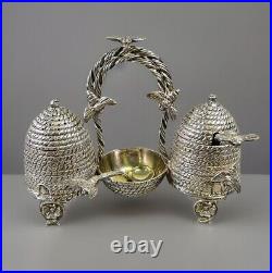 Novelty Victorian Silverplate Beehive Honey Jam Pot Condiment Set