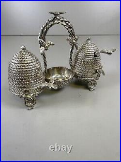 Novelty Victorian Silverplate Beehive Honey Jam Pot Condiment Set