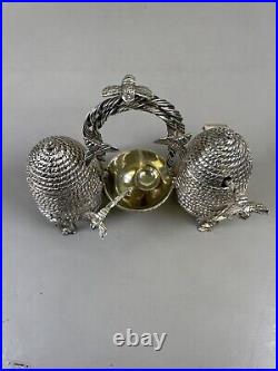 Novelty Victorian Silverplate Beehive Honey Jam Pot Condiment Set