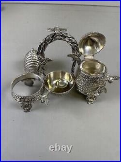 Novelty Victorian Silverplate Beehive Honey Jam Pot Condiment Set