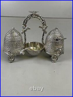 Novelty Victorian Silverplate Beehive Honey Jam Pot Condiment Set