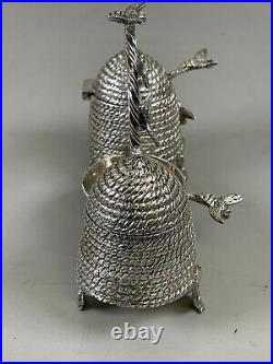 Novelty Victorian Silverplate Beehive Honey Jam Pot Condiment Set