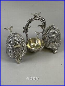 Novelty Victorian Silverplate Beehive Honey Jam Pot Condiment Set