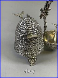 Novelty Victorian Silverplate Beehive Honey Jam Pot Condiment Set