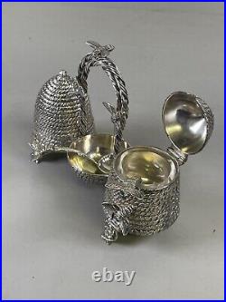 Novelty Victorian Silverplate Beehive Honey Jam Pot Condiment Set