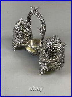 Novelty Victorian Silverplate Beehive Honey Jam Pot Condiment Set