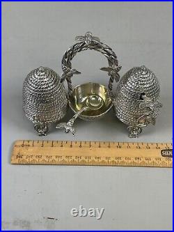 Novelty Victorian Silverplate Beehive Honey Jam Pot Condiment Set