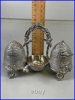 Novelty Victorian Silverplate Beehive Honey Jam Pot Condiment Set