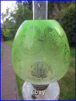 Original Antique Veritas Beehive Green Acid Etched Duplex Oil Lamp Shade