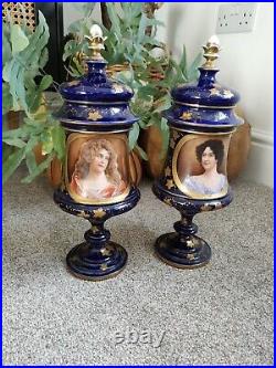 PAIR OF ROYAL VIENNA PORCELAIN HAND-PAINTED VASES 19th Century urns beehive x2