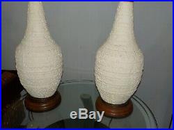 Pair Mid Century Hollywood Regency 2 Table Lamps Beehive Teak Pottery 37 Ribbed