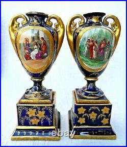 Pair Of Antique Royal Vienna Pedestal Vases Signed Kauffmann Beehive Mark Vvgc