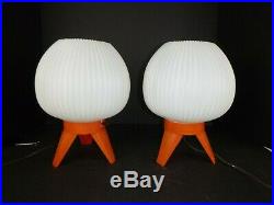 Pr Vtg Mid Century Modern Plastic Bubble Beehive Lamps Orange White Orb Shades