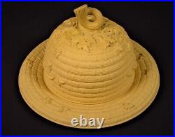 RARE 1800s SIGNED BEE HIVE COVERED BUTTER with UNDERPLATE CANE WARE YELLOW WARE
