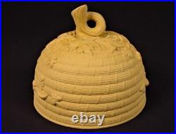 RARE 1800s SIGNED BEE HIVE COVERED BUTTER with UNDERPLATE CANE WARE YELLOW WARE