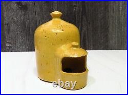 RARE Antique Yellow Ware Pottery Pet Bird Cage Feeder Fountain Belgium Beehive