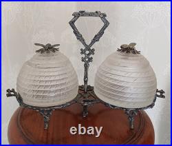 Rare Victorian Antique Double Beehive Shaped Honey Preserve Pots On Stand