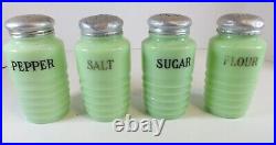 Set of 4 Vintage Ribbed Beehive Jadeite Green Glass Metal Top 5 Spice Shakers