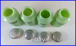 Set of 4 Vintage Ribbed Beehive Jadeite Green Glass Metal Top 5 Spice Shakers