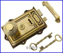 Solid Aged Brass Davenport Rim Lock With Heavy Beehive Door Knobs Knob Pair Set