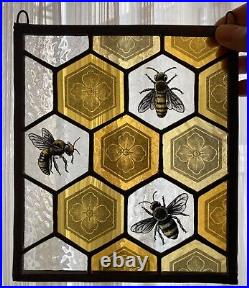 Stained Glass Suncatcher Panel Hand Painted with Bees & Decorative Hive Pattern