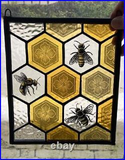 Stained Glass Suncatcher Panel Hand Painted with Bees & Decorative Hive Pattern