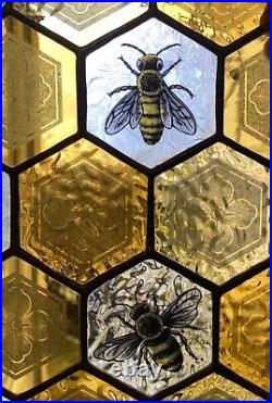 Stained Glass Suncatcher Panel Hand Painted with Bees & Decorative Hive Pattern