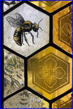 Stained Glass Suncatcher Panel Hand Painted with Bees & Decorative Hive Pattern