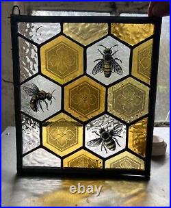 Stained Glass Suncatcher Panel Hand Painted with Bees & Decorative Hive Pattern