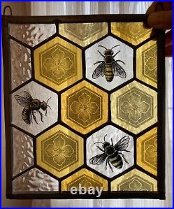 Stained Glass Suncatcher Panel Hand Painted with Bees & Decorative Hive Pattern