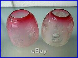 Two Quality Victorian Beehive Etched Cranberry Glass Oil/gas Lamp Shades