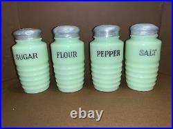 VTG Jeanette Glass Jadeite Salt, Pepper, Sugar, Flour Beehive Range Shakers Set