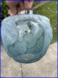 Victorian Blue Embossed Rare Beehive Acid Etched Duplex Oil Lamp Shade