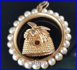 Vintage 14K Gold PEARL HONEY BEE ON HIVE Charm Pendant 12grams