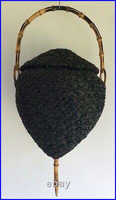Vintage Bamboo Handle Black Straw Woven Raffia Bee Hive Cane Bag Purse Italy