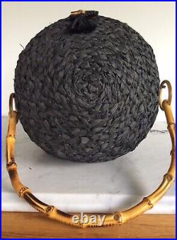 Vintage Bamboo Handle Black Straw Woven Raffia Bee Hive Cane Bag Purse Italy