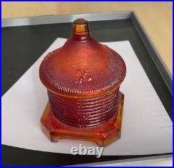 Vintage Boyd Orange Aberina Glass Bee Hive Honey Pot Covered Dish withLid