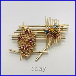 Vintage Enamel 14k Gold Bee Hive Brooch Pin (9489)