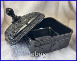 Vintage Indiana Glass Tiara Honey Bee Hive Box Black Onyx Covered Dish