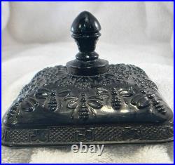 Vintage Indiana Glass Tiara Honey Bee Hive Box Black Onyx Covered Dish