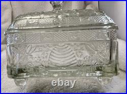 Vintage Indiana Glass Tiara Honey Bee Hive Box Clear Glass Covered Dish