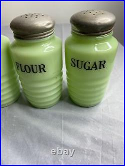 Vintage Jeanette Beehive Jadeite Salt Pepper Sugar Flour Stovetop Shaker Lids