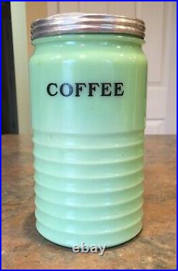 Vintage Jeanette Glass Jadeite Coffee Canister, Jar Beehive Ribbed Very Nice