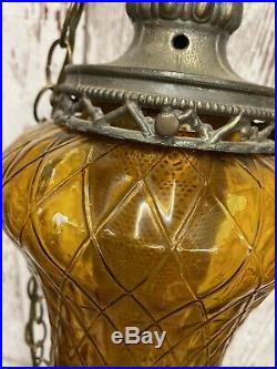 Vintage MCM Bee Hive Spanish Gothic Amber Glass Globe Diffuser Lamp Hanging Swag