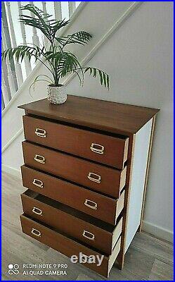 Vintage MID 20th C Beehive Chest Of 5 Drawers Teak & Beech Tall Chest C1960's